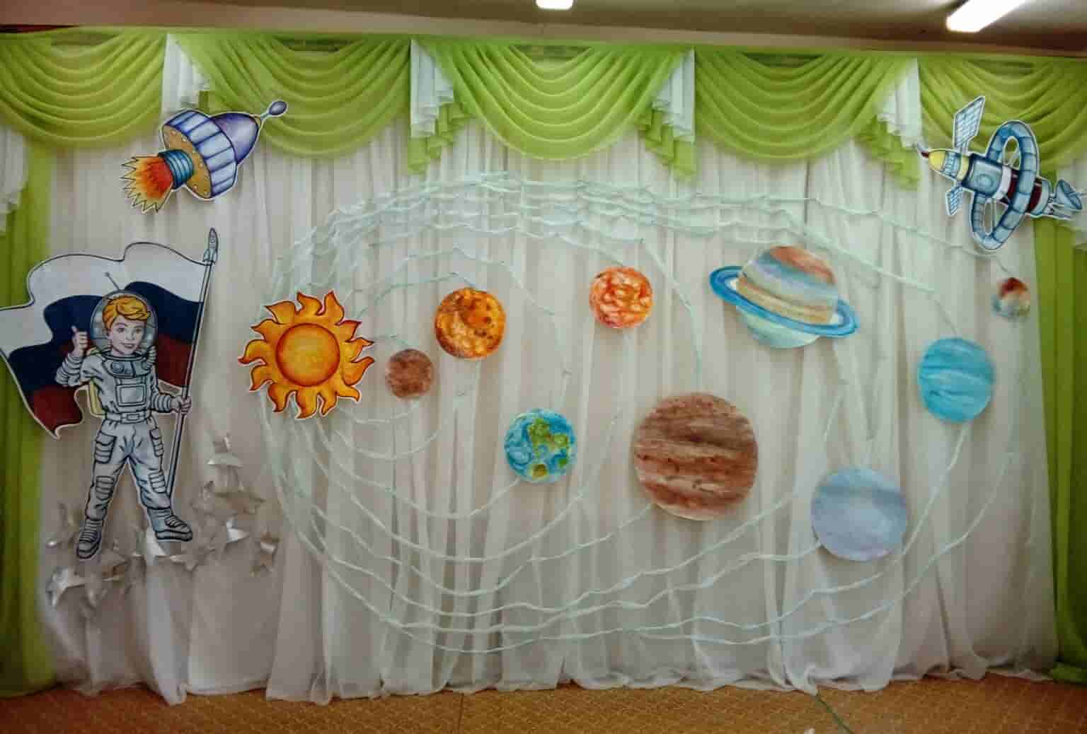 Украшение зала ко Дню космонавтики в детском саду